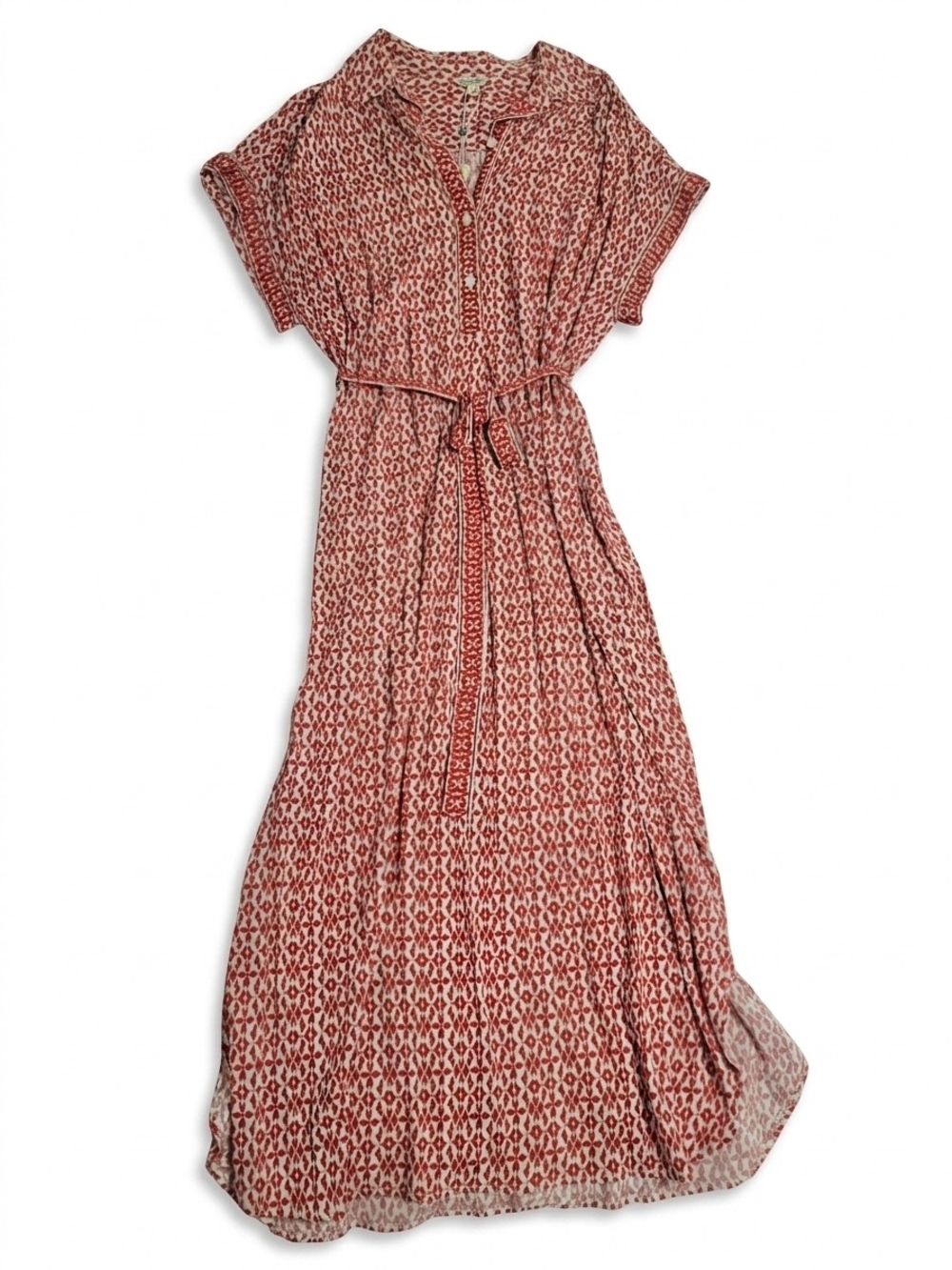 Max Studio Red and Cream Printed Tie-Waist Maxi Dress with Short Sleeves